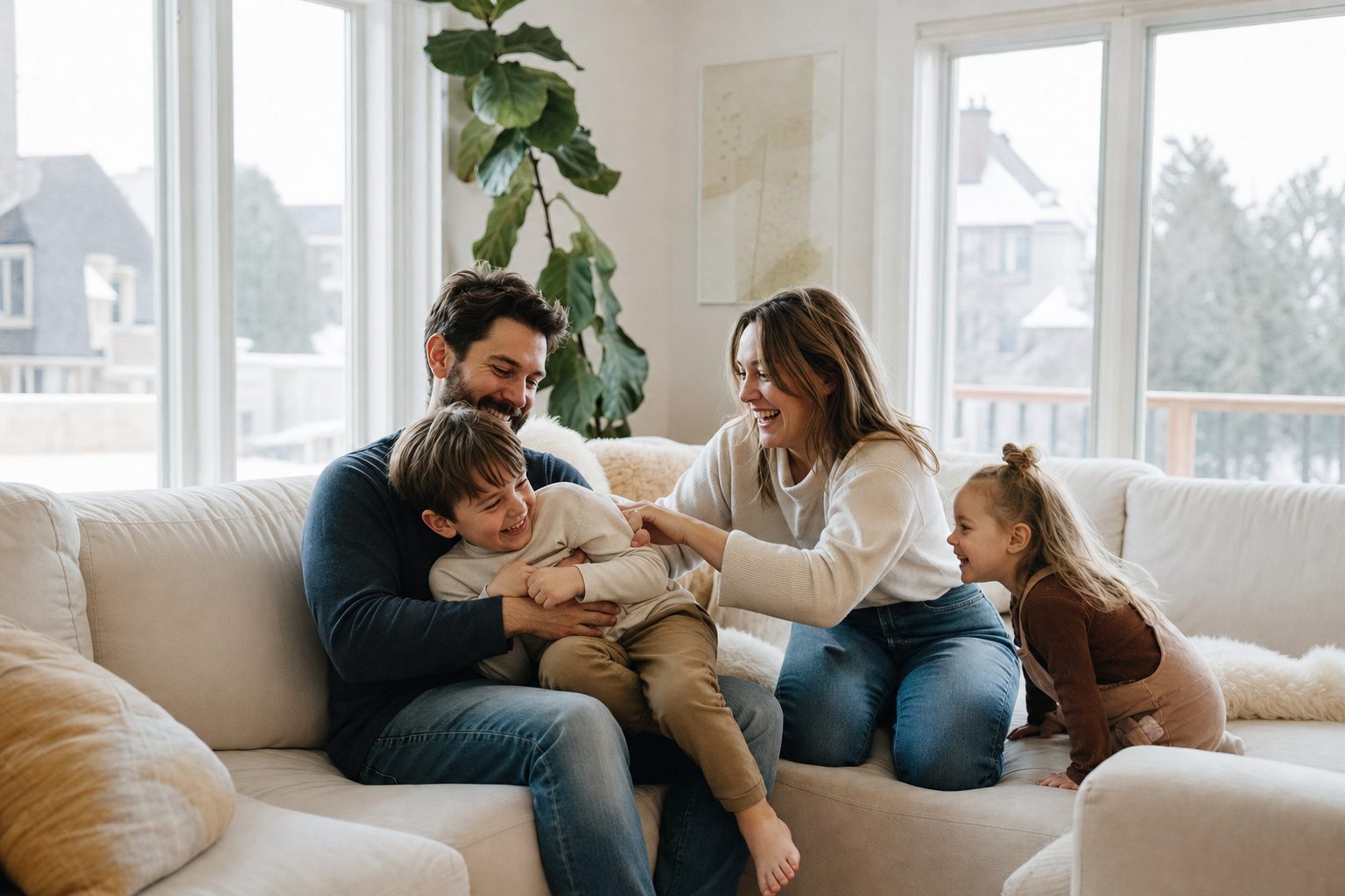 Famille québécoise sereine après avoir consolidé ses dettes