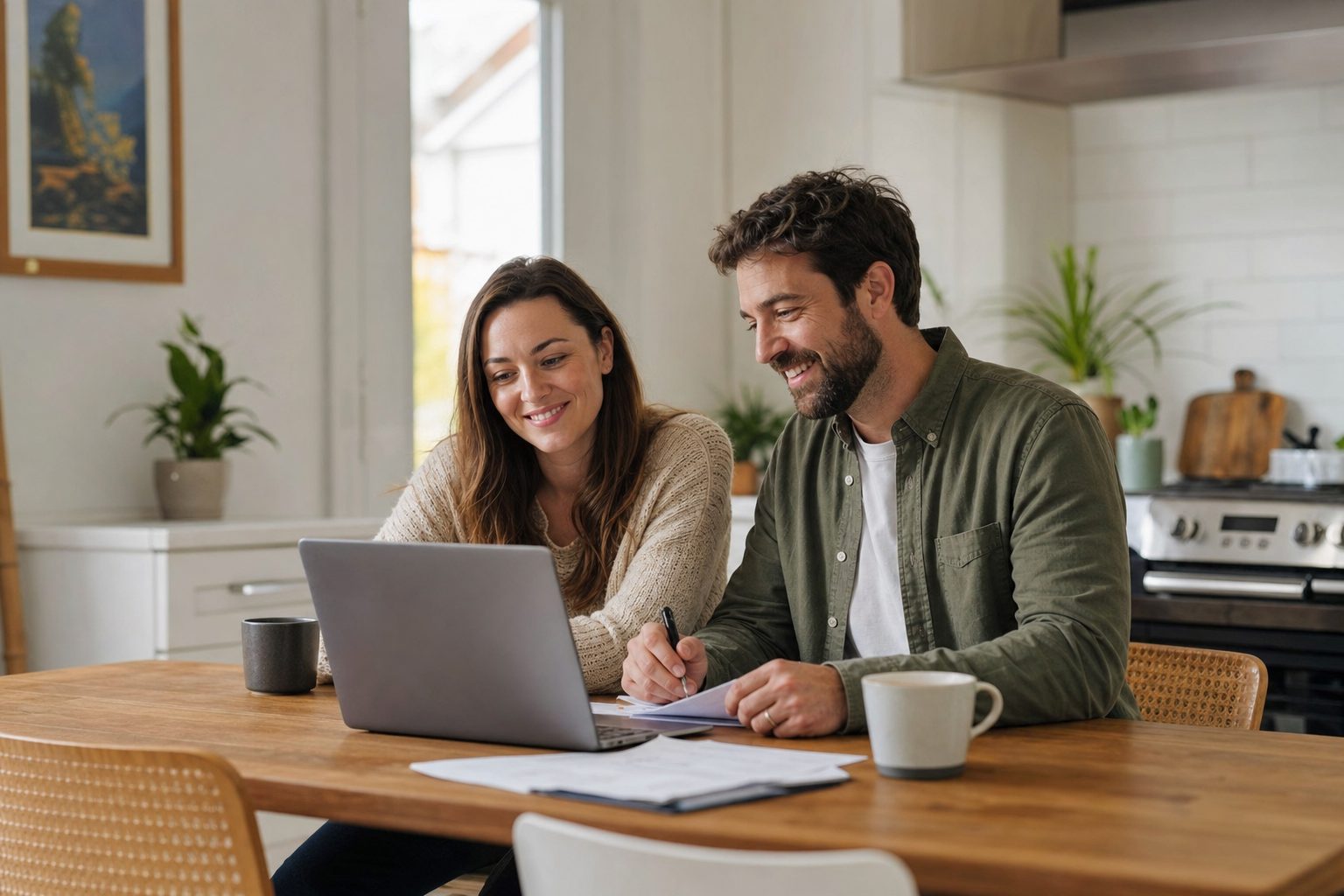Couple québécois serein qui organise ses finances à la maison