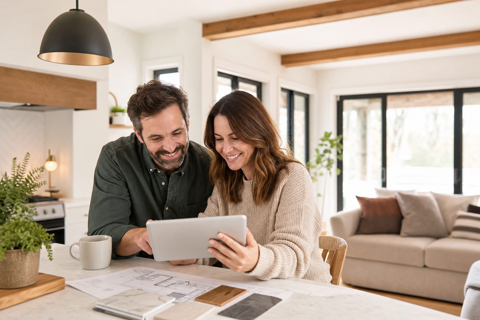 Propriétaires québécois dans leur maison rénovée